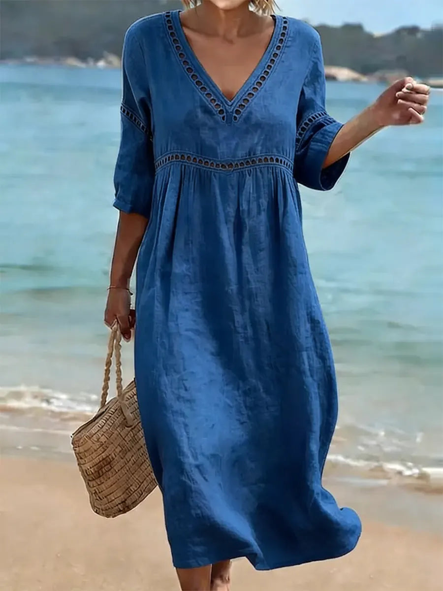 Robe midi femme en coton à col en V, coupe fluide et manches courtes