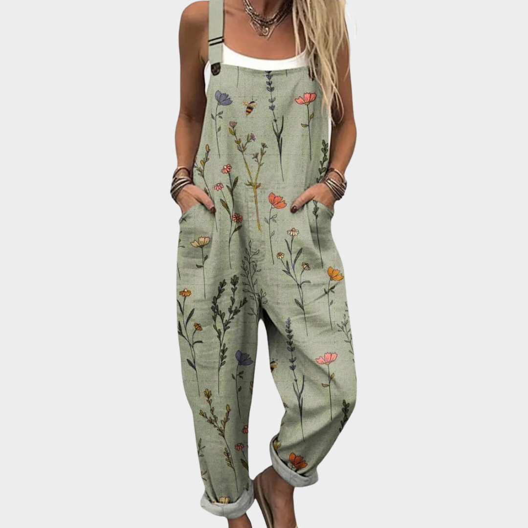 Salopette femme fleurie à jambes larges et bretelles réglables