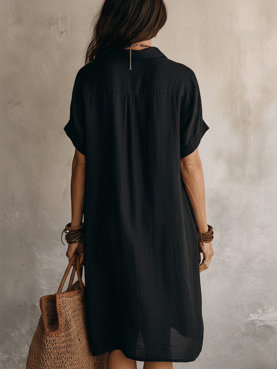 Robe chemise midi femme en lin et coton, boutonnée à manches courtes