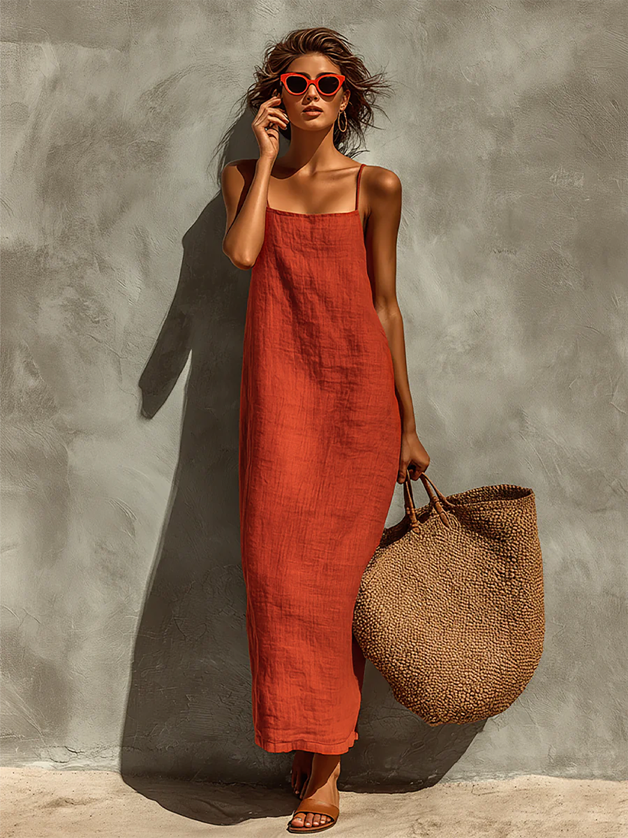 Robe maxi en coton style bohème à fines bretelles et col carré femme