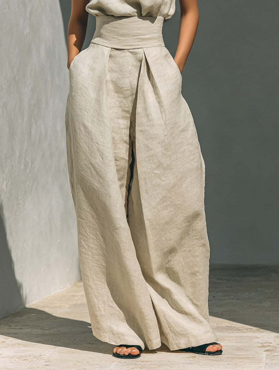 Ensemble femme pantalon large et débardeur en coton et lin
