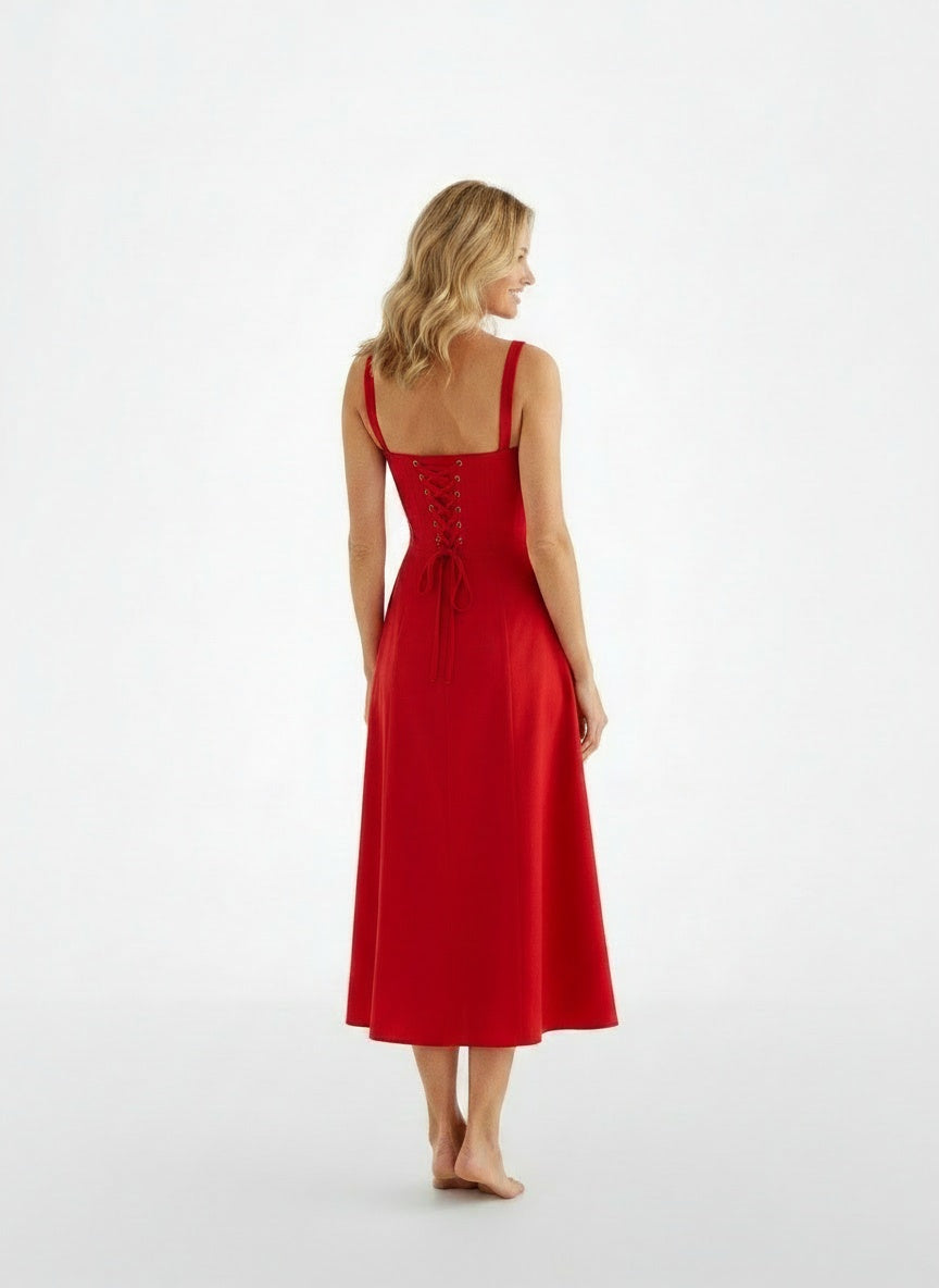 Back pose of the model wearing Robe midi avec corset femme