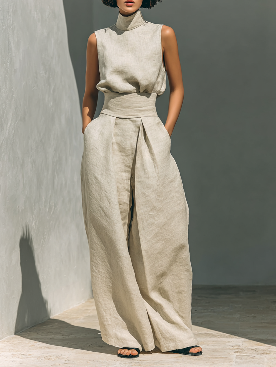 Ensemble femme pantalon large et débardeur en coton et lin