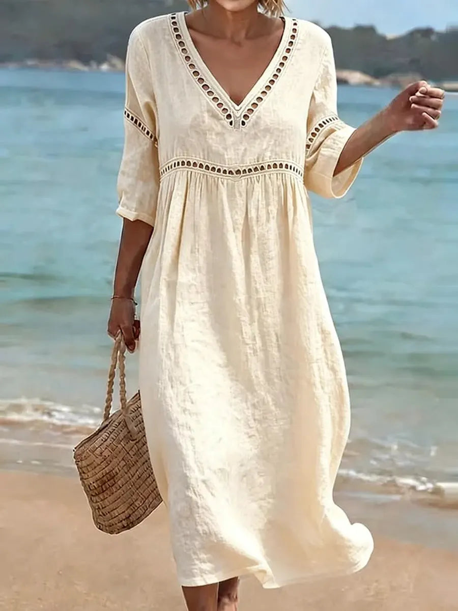 Robe midi femme en coton à col en V, coupe fluide et manches courtes