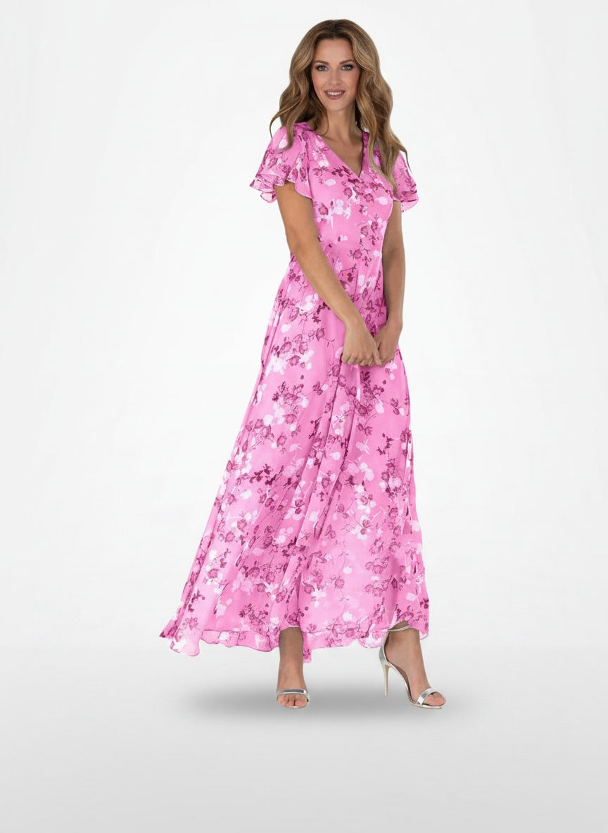 Full body view of the model wearing Robe d'été maxi formelle à imprimé floral femme