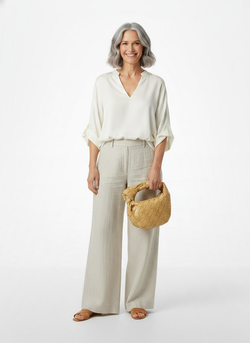Full body view of the model wearing Sac tissé en forme de cône avec fermeture zippée femme
