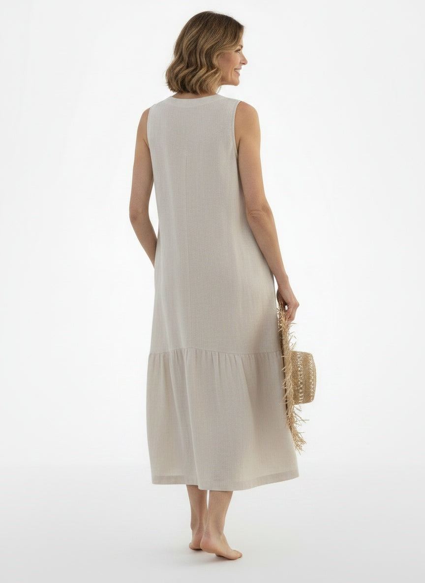 Back pose of the model wearing Robe d'été midi boutonnée femme