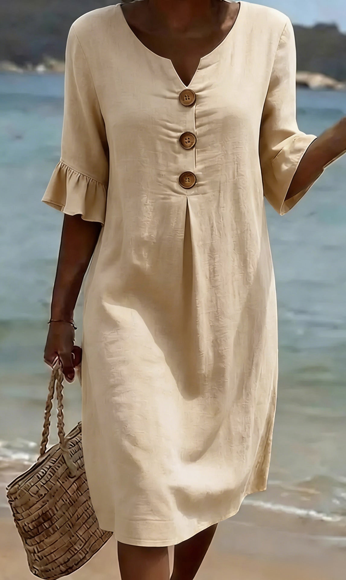 Robe courte femme en coton et lin, boutonnée à manches volantées