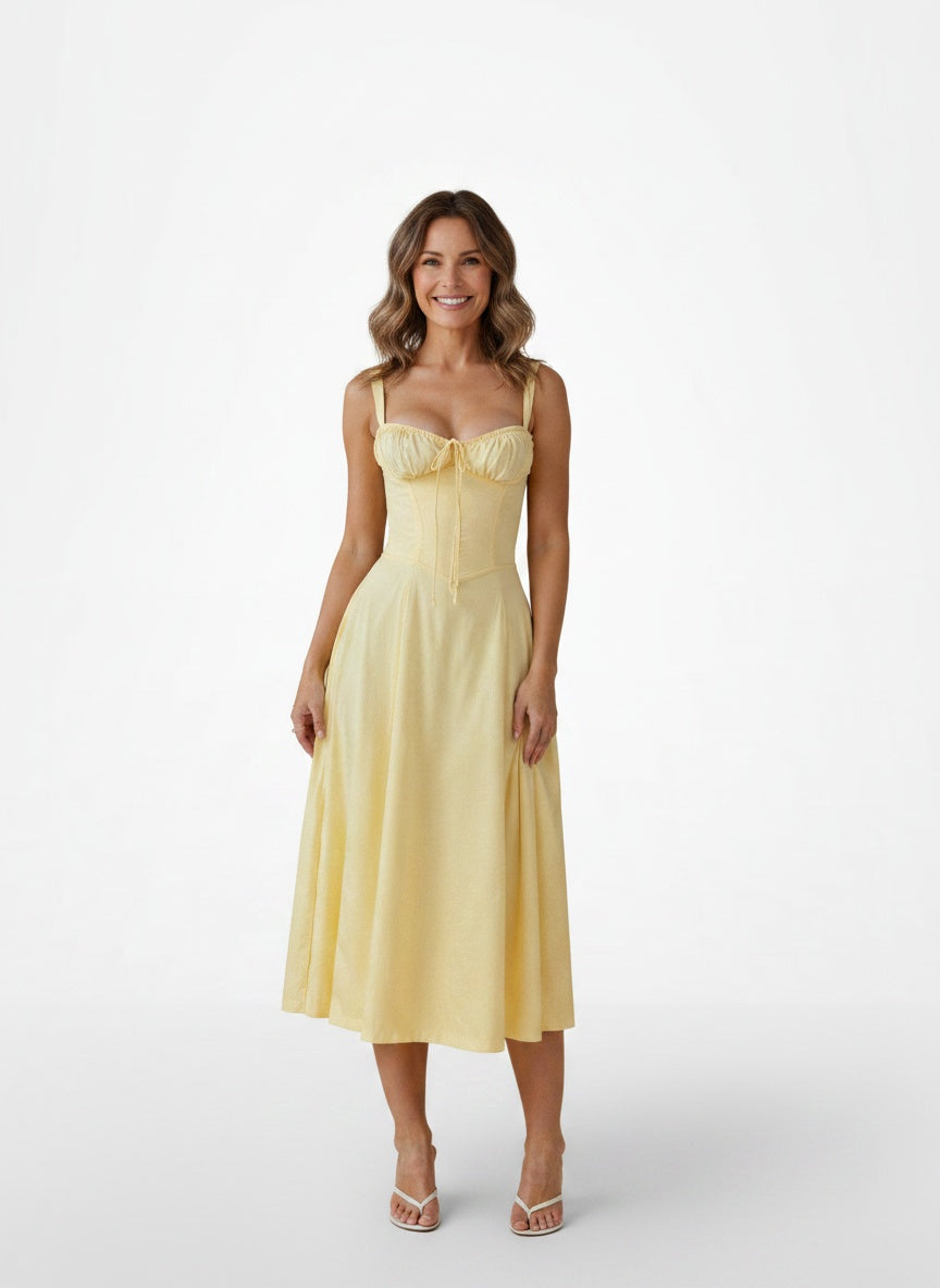 Full body view of the model wearing Robe midi avec corset femme