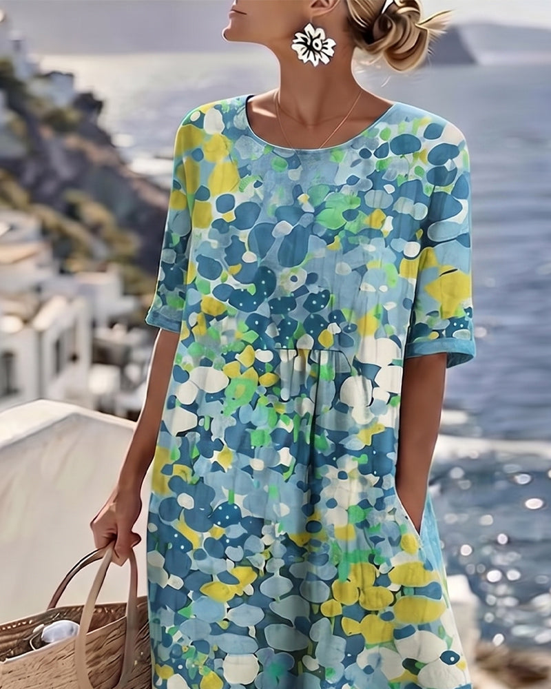 Robe midi femme en coton et lin à imprimé floral, poches et manches courtes