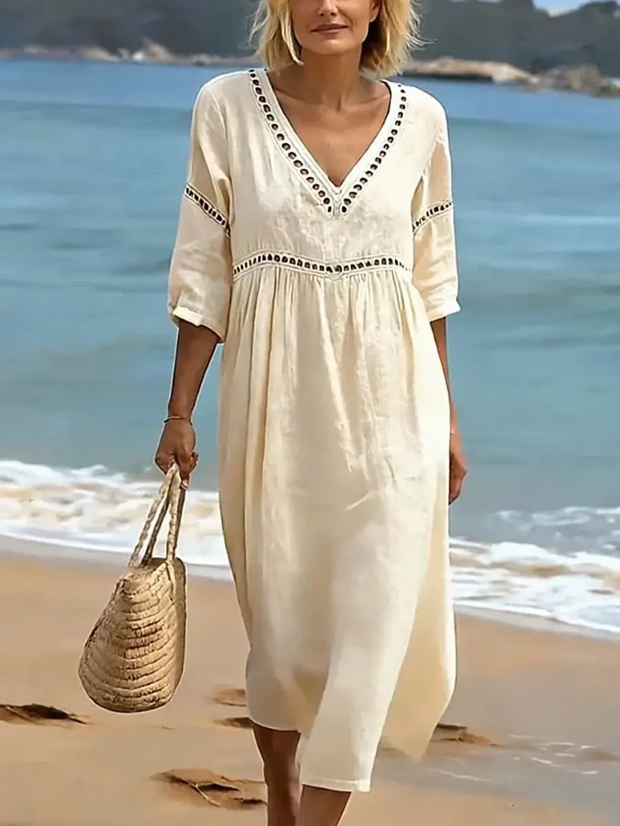 Robe midi femme en coton à col en V, coupe fluide et manches courtes
