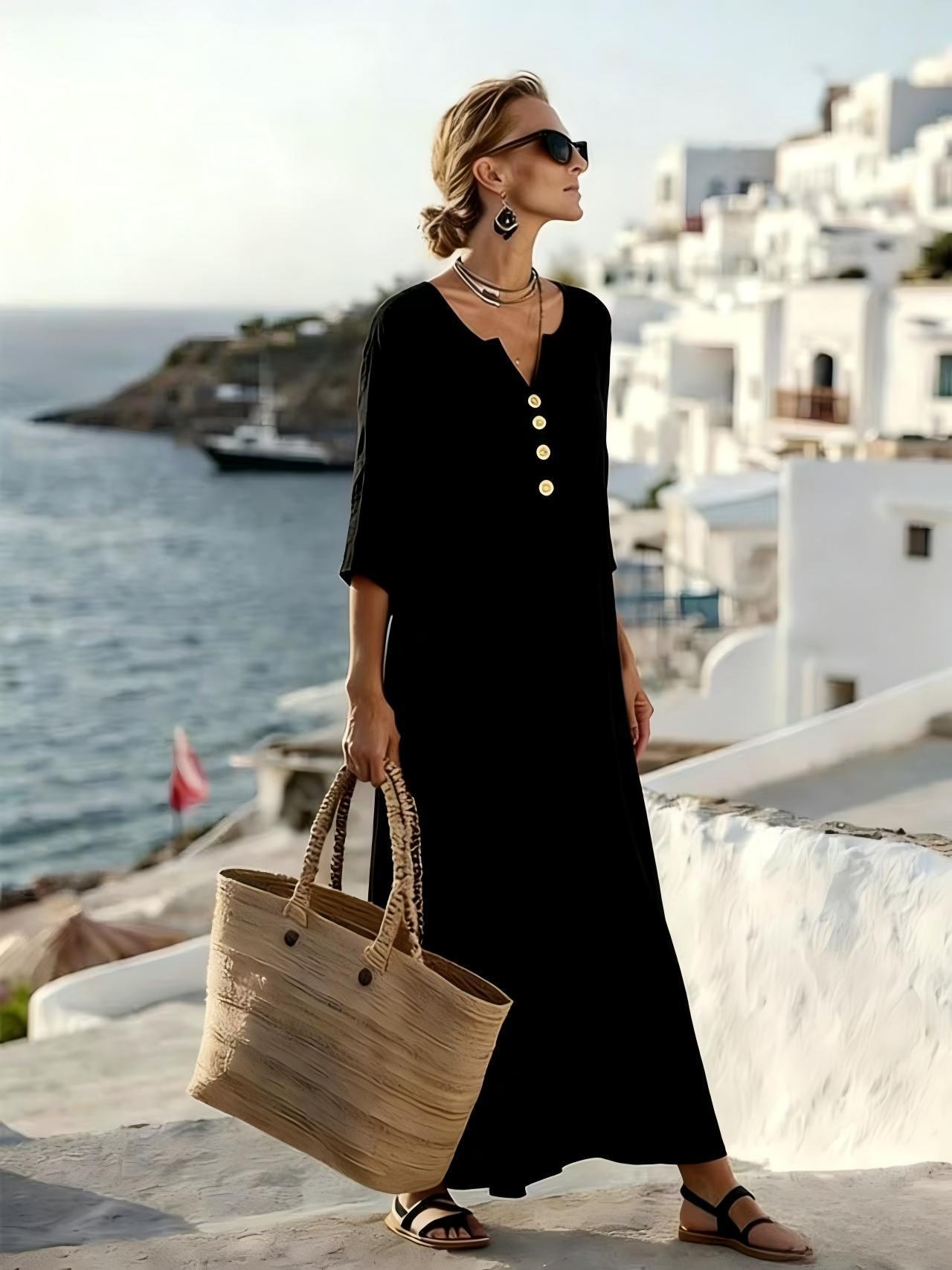 Robe longue femme en coton et lin, boutonnée à manches 3/4