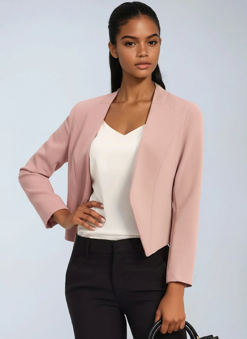 Blazer femme court à devant ouvert, ourlet asymétrique, doublure intégrale et manches longues 4