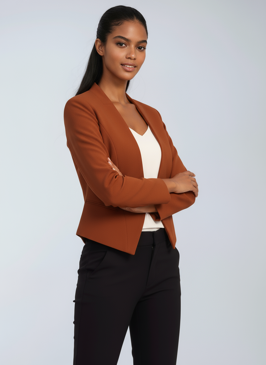 Blazer femme court à devant ouvert, ourlet asymétrique, doublure intégrale et manches longues 8