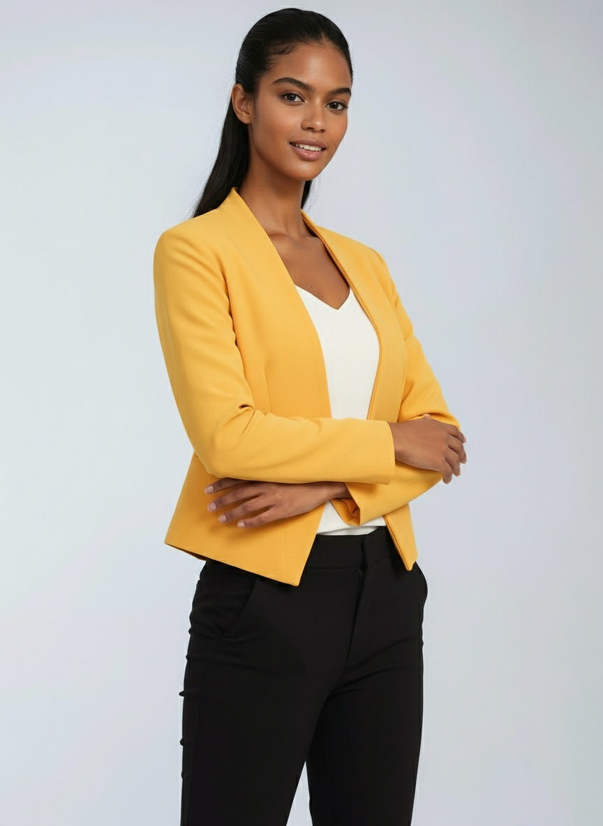 Blazer femme court à devant ouvert, ourlet asymétrique, doublure intégrale et manches longues 10