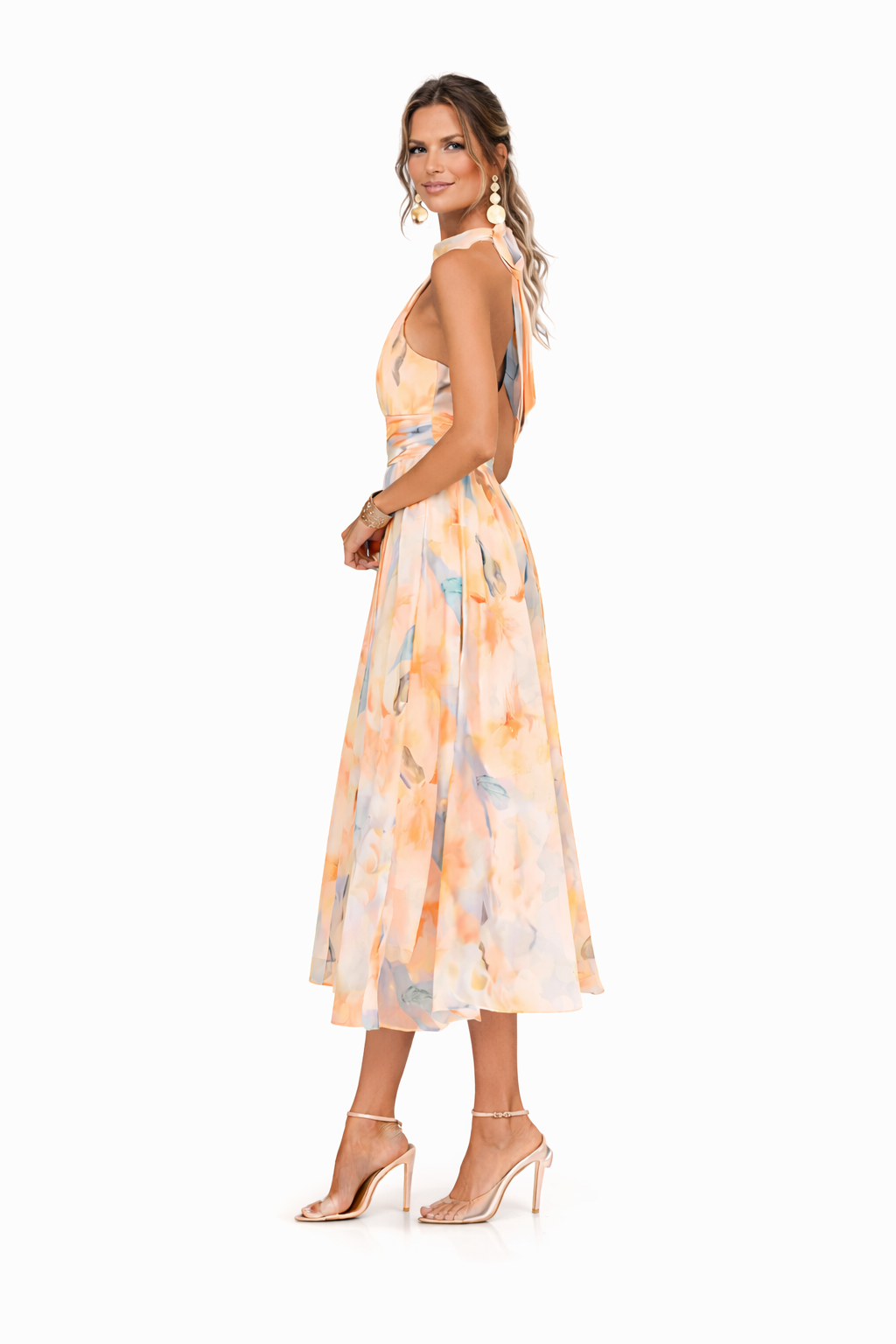 Robe maxi fleurie pêche fluide dos-nu invitée de mariage femme
