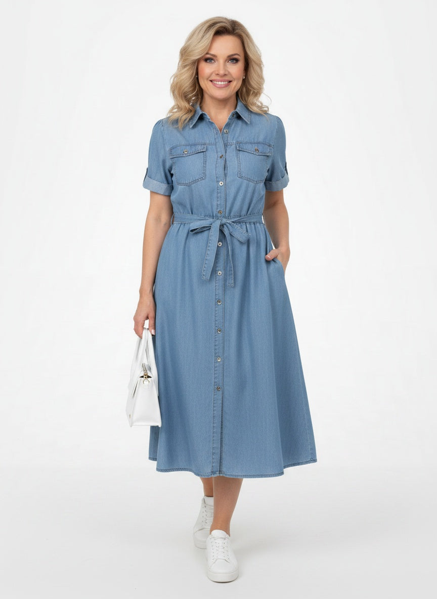Full body view of the model wearing Robe midi en denim femme