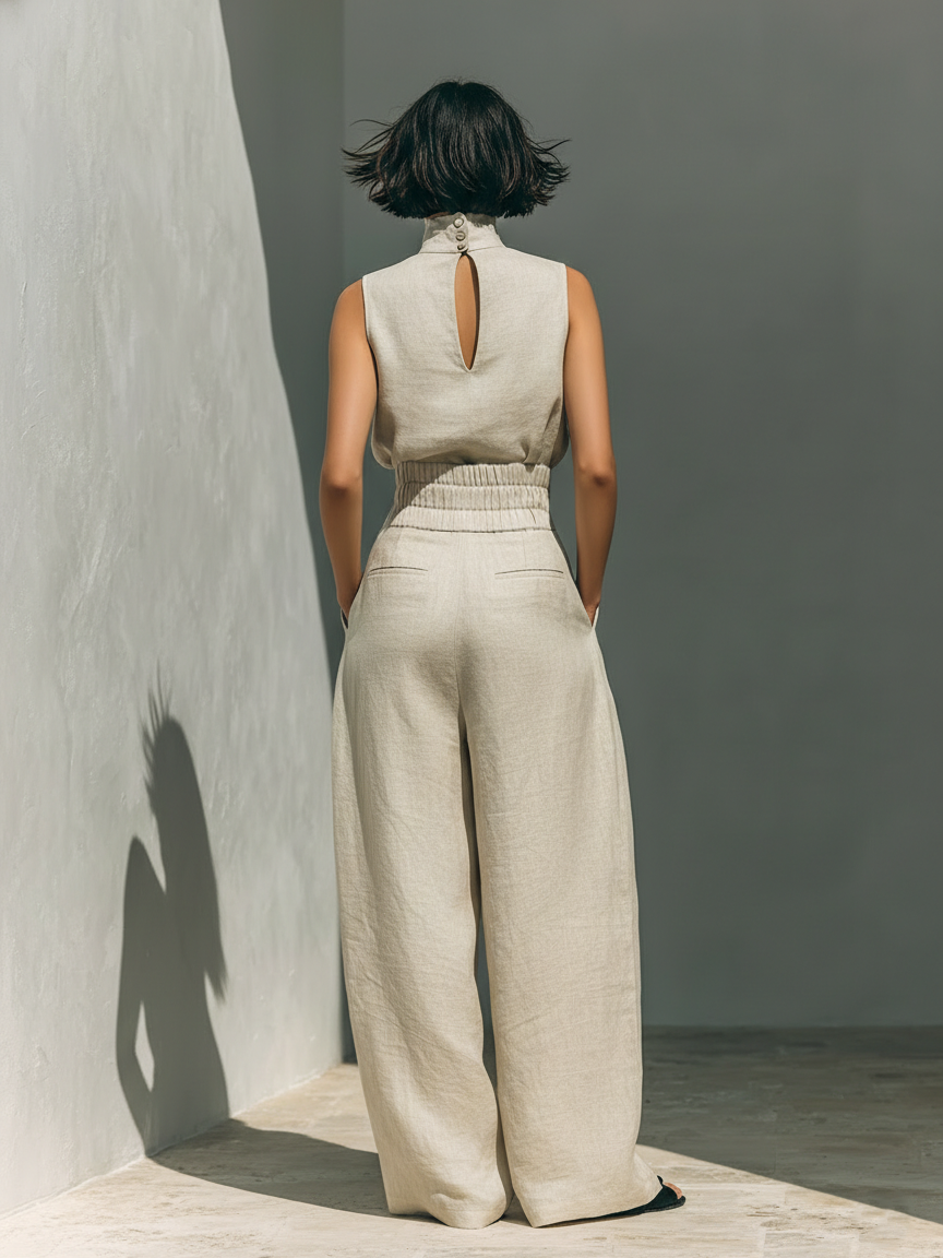 Ensemble femme pantalon large et débardeur en coton et lin