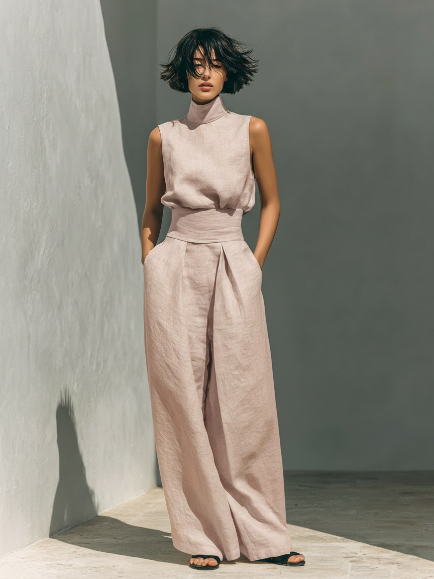 Ensemble femme pantalon large et débardeur en coton et lin