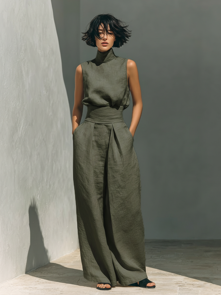 Ensemble femme pantalon large et débardeur en coton et lin