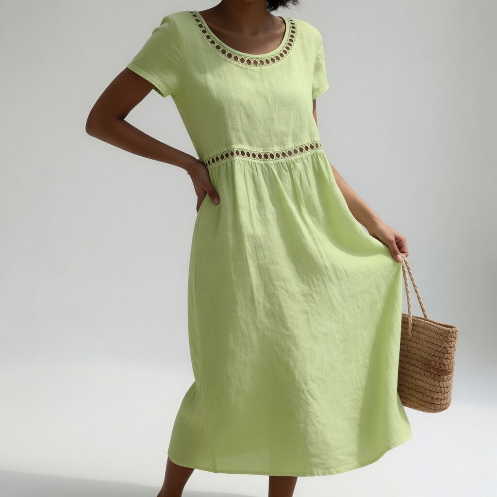 Robe brodée midi en coton à manches courtes et taille empire