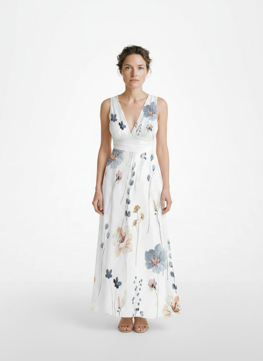 Full body view of the model wearing Robe d'été maxi légère à décolleté plongeant en V et imprimé floral femme