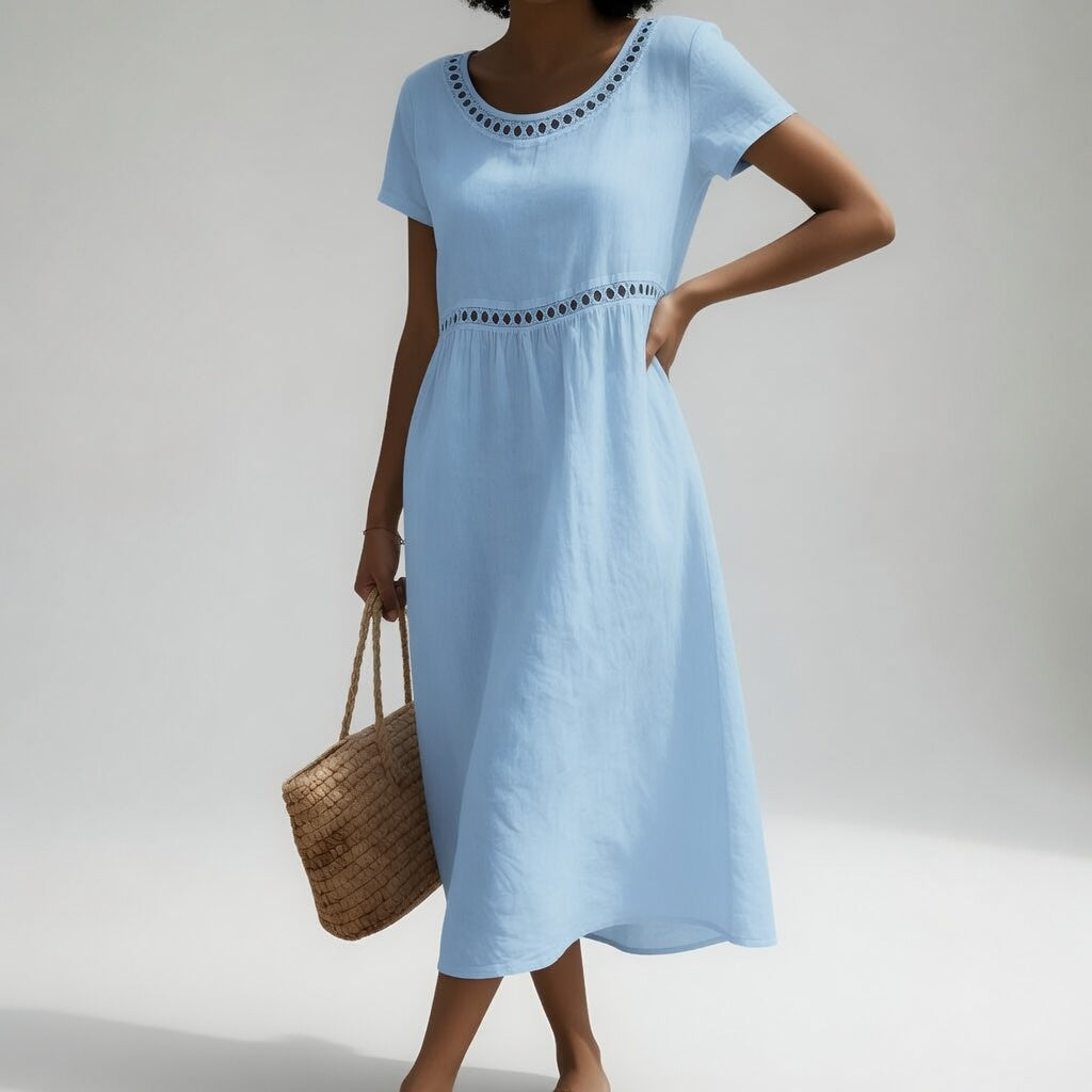 Robe brodée midi en coton à manches courtes et taille empire