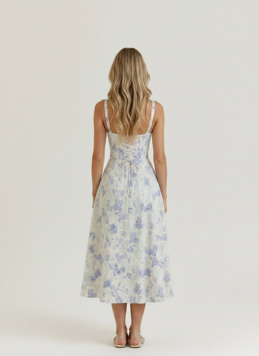 Back pose of the model wearing Robe midi avec corset femme