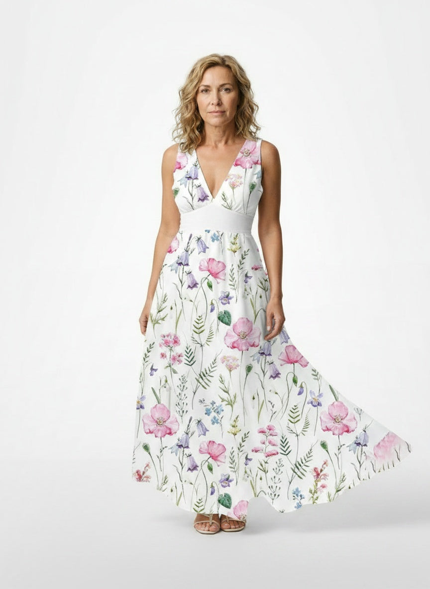 Full body view of the model wearing Robe d'été maxi légère à décolleté plongeant en V et imprimé floral femme
