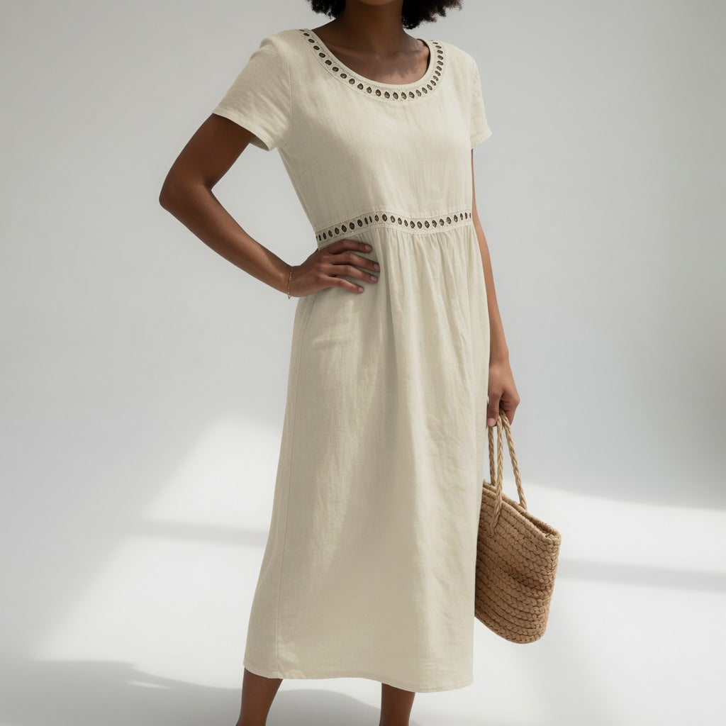 Robe brodée midi en coton à manches courtes et taille empire