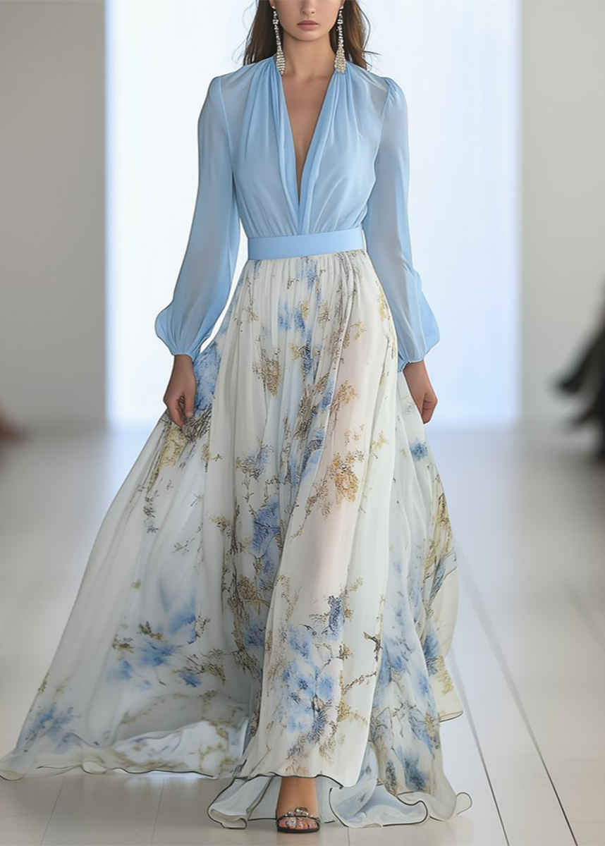 Robe maxi à manches longues avec décolleté plongeant en V et jupe imprimée femme