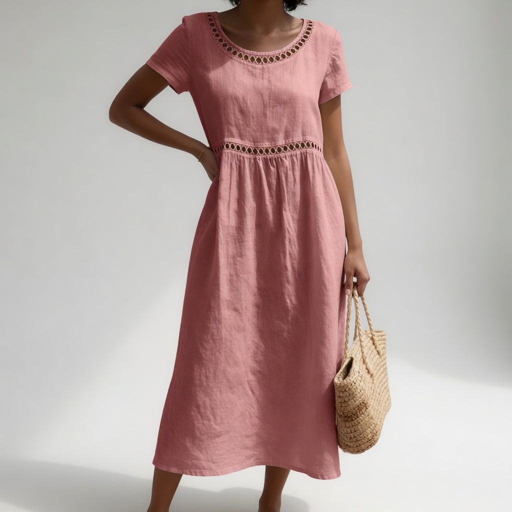 Robe brodée midi en coton à manches courtes et taille empire