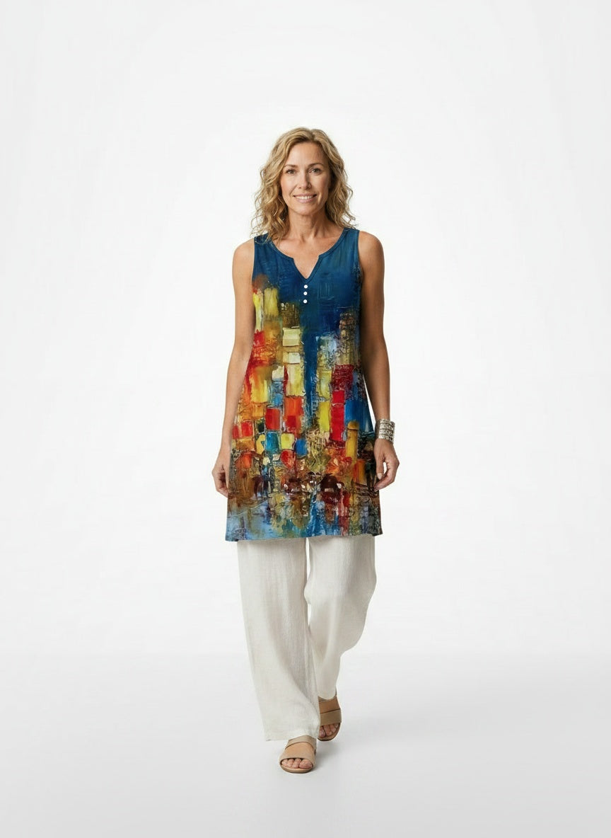 Full body view of the model wearing Robe mini légère sans manches femme