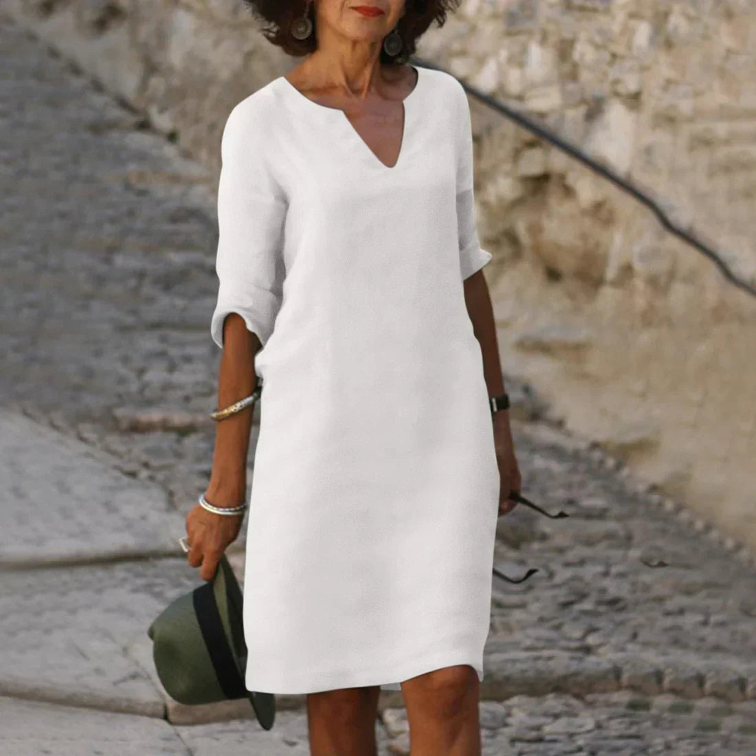 Robe midi à col en V et manches trois-quarts femme
