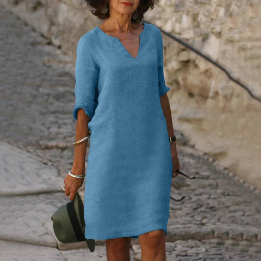 Robe midi à col en V et manches trois-quarts femme