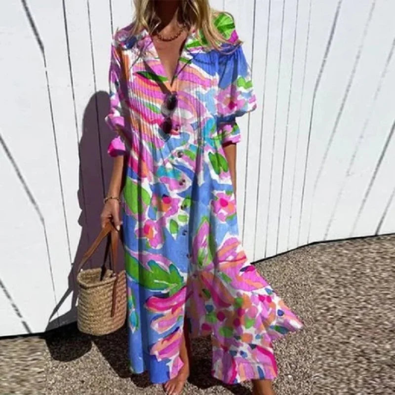 Robe maxi bohème à col en V femme