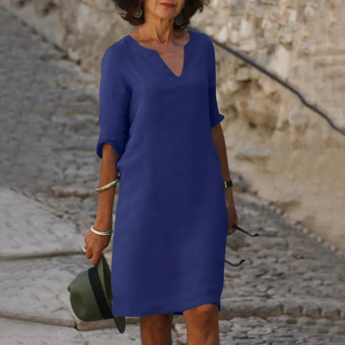 Robe midi à col en V et manches trois-quarts femme
