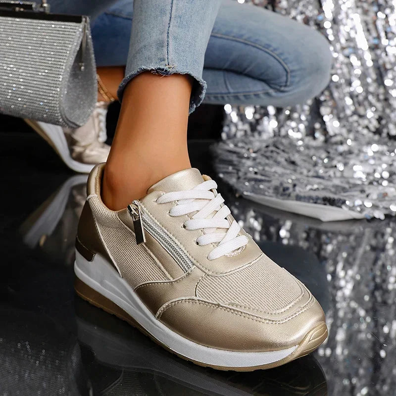 Baskets compensées femme à lacets et zip latéral avec finition métallisée 6