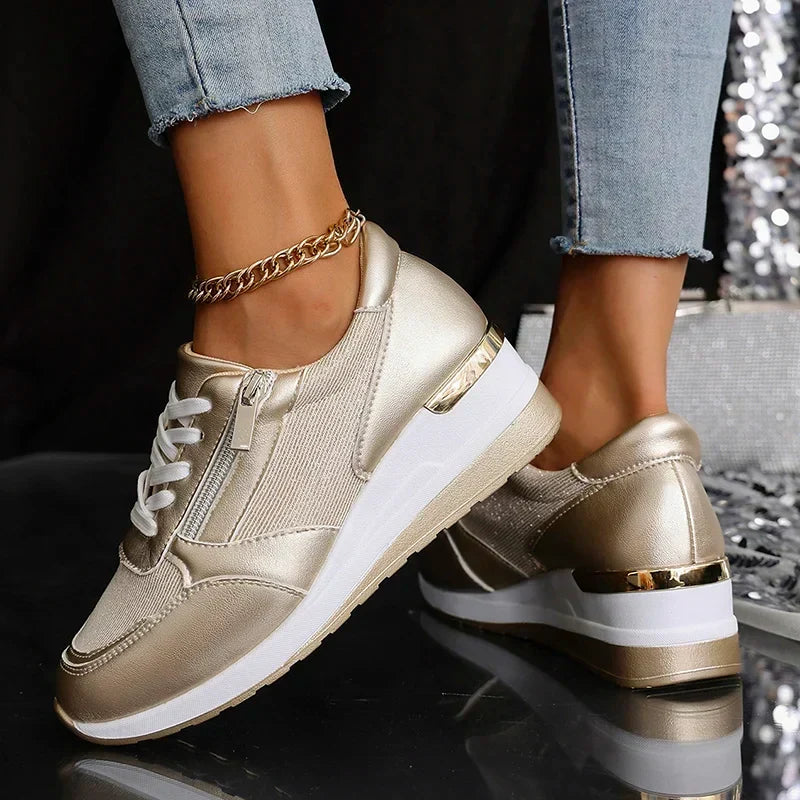 Baskets compensées femme à lacets et zip latéral avec finition métallisée 4
