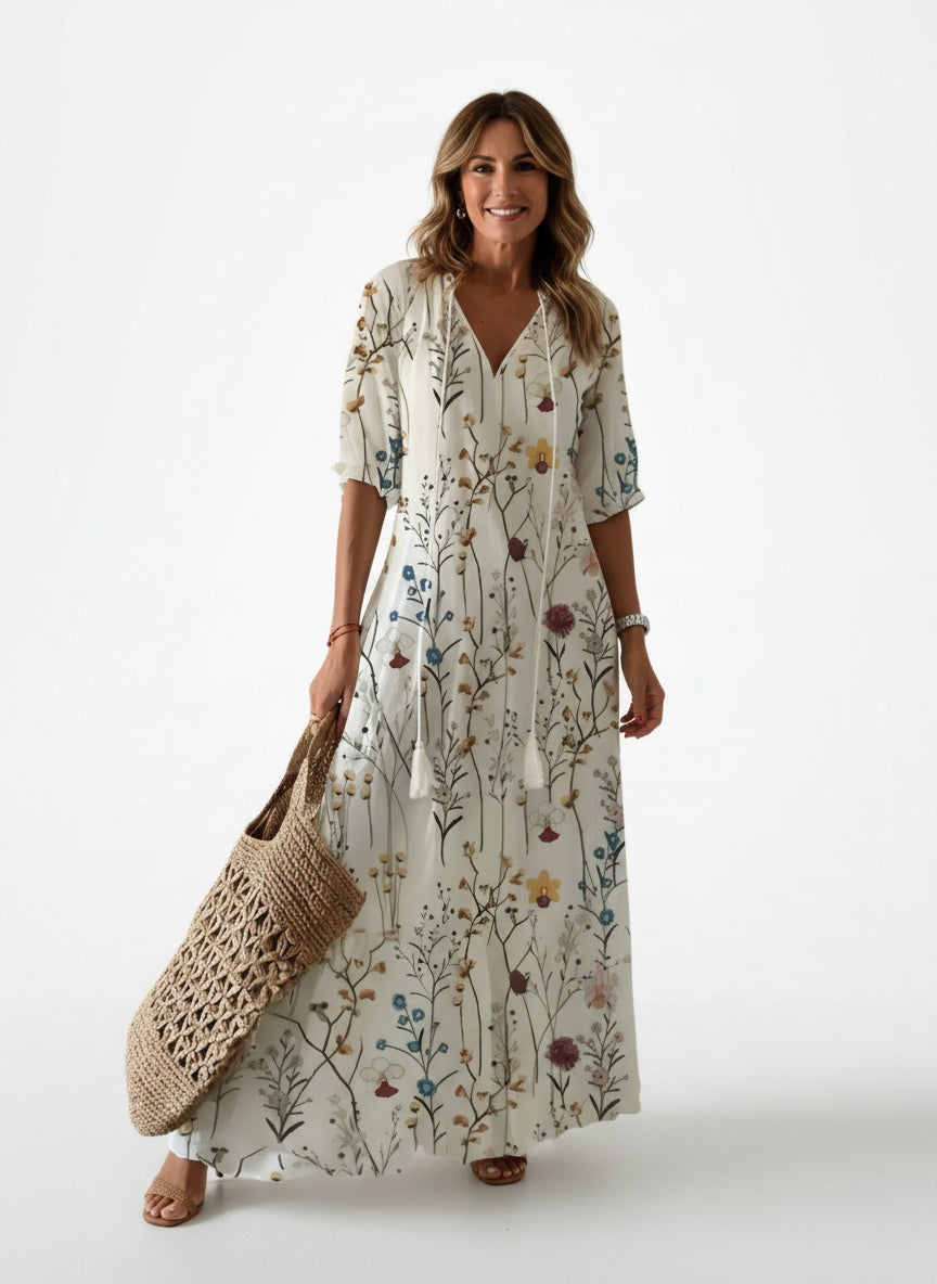 Full body view of the model wearing Robe midi légère imprimée femme