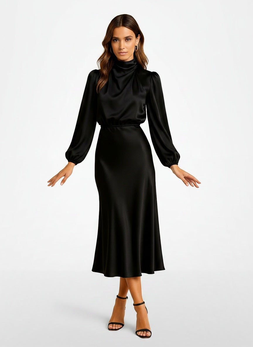 Full body view of the model wearing Robe midi à col montant et taille haute femme