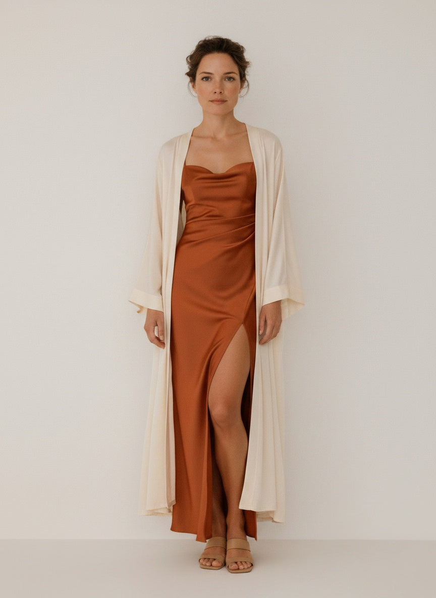 Full body view of the model wearing Robe maxi à fines bretelles avec fente femme
