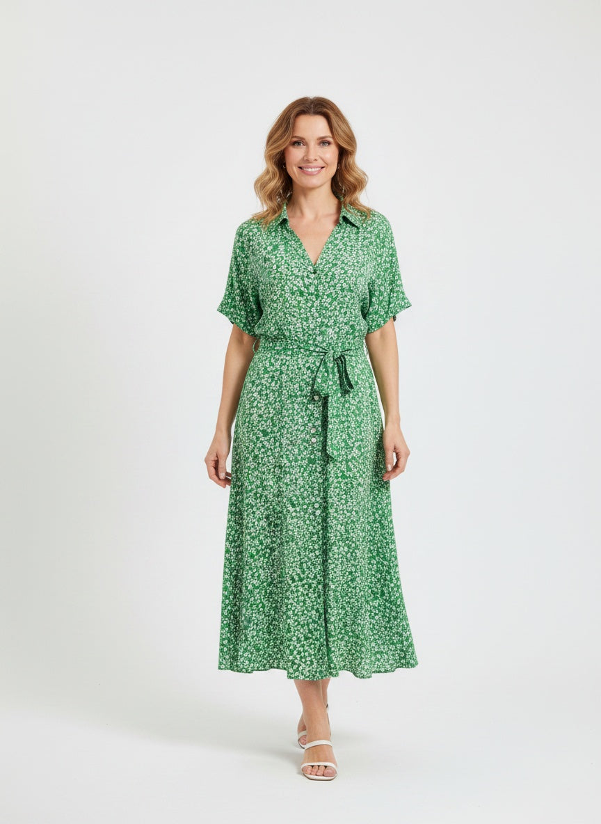 Full body view of the model wearing Robe midi avec ceinture et imprimé floral femme