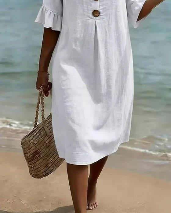 Robe courte femme en coton et lin, boutonnée à manches volantées
