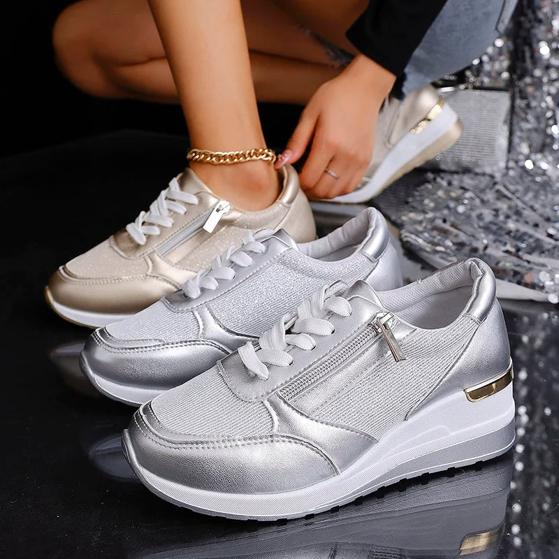 Baskets compensées femme à lacets et zip latéral avec finition métallisée 10