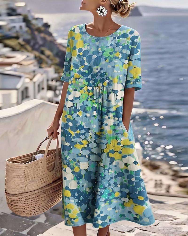 Robe midi femme en coton et lin à imprimé floral, poches et manches courtes