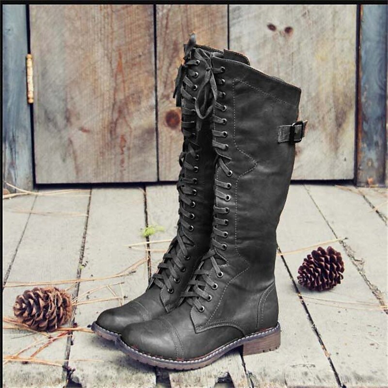 Bottes cavalières hautes à lacets en cuir à talon plat 3
