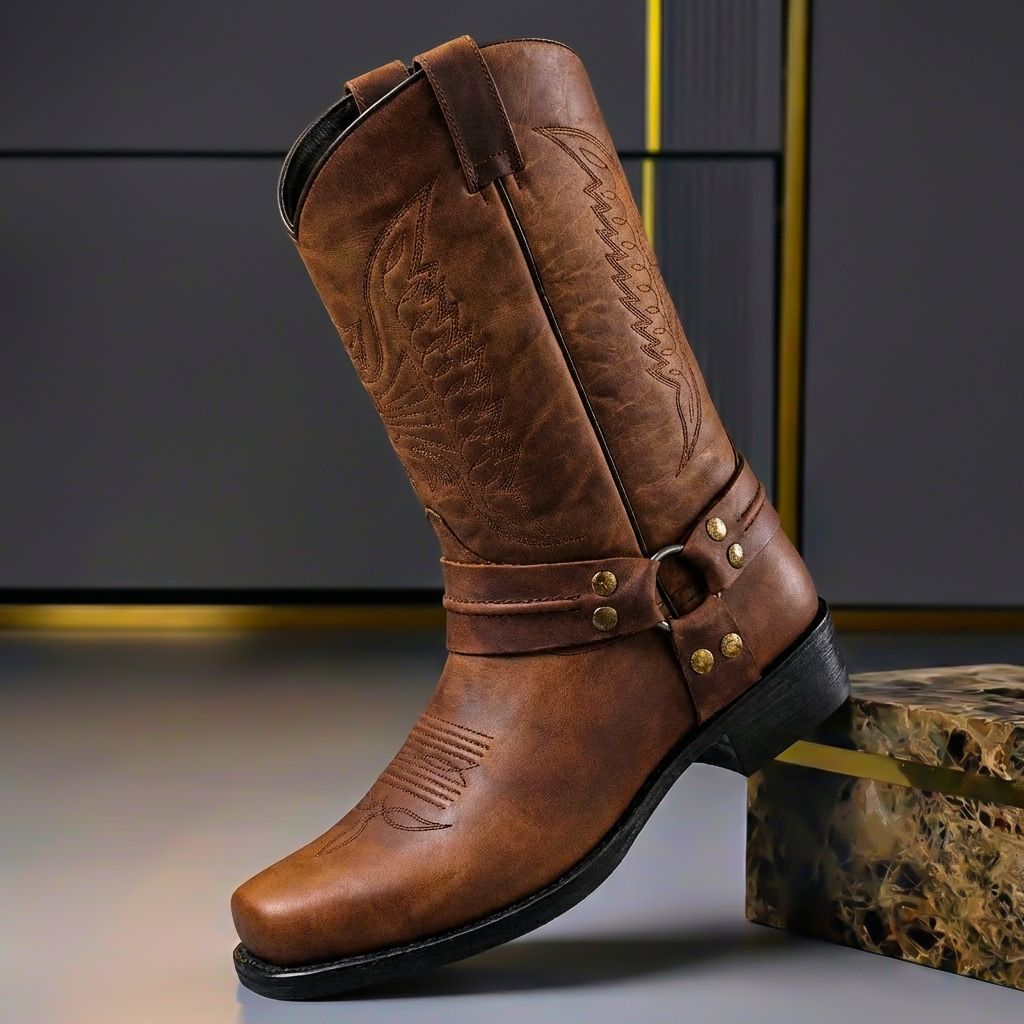 Bottes en cuir homme mi-mollet à bout carré style western 1