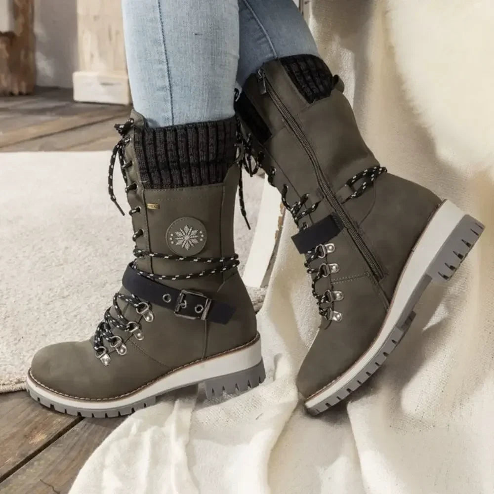 Bottes hautes femme d'hiver à lacets et boucle avec semelle antidérapante et bord en maille 10