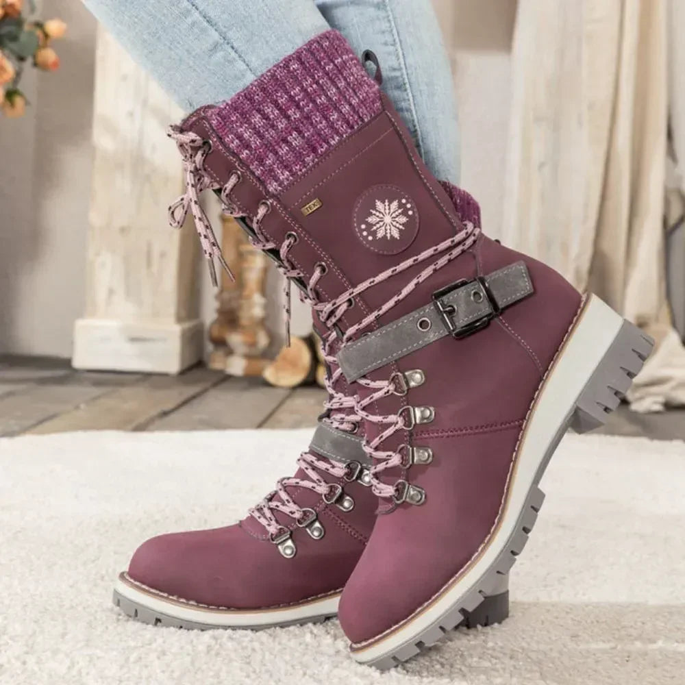 Bottes hautes femme d'hiver à lacets et boucle avec semelle antidérapante et bord en maille 11